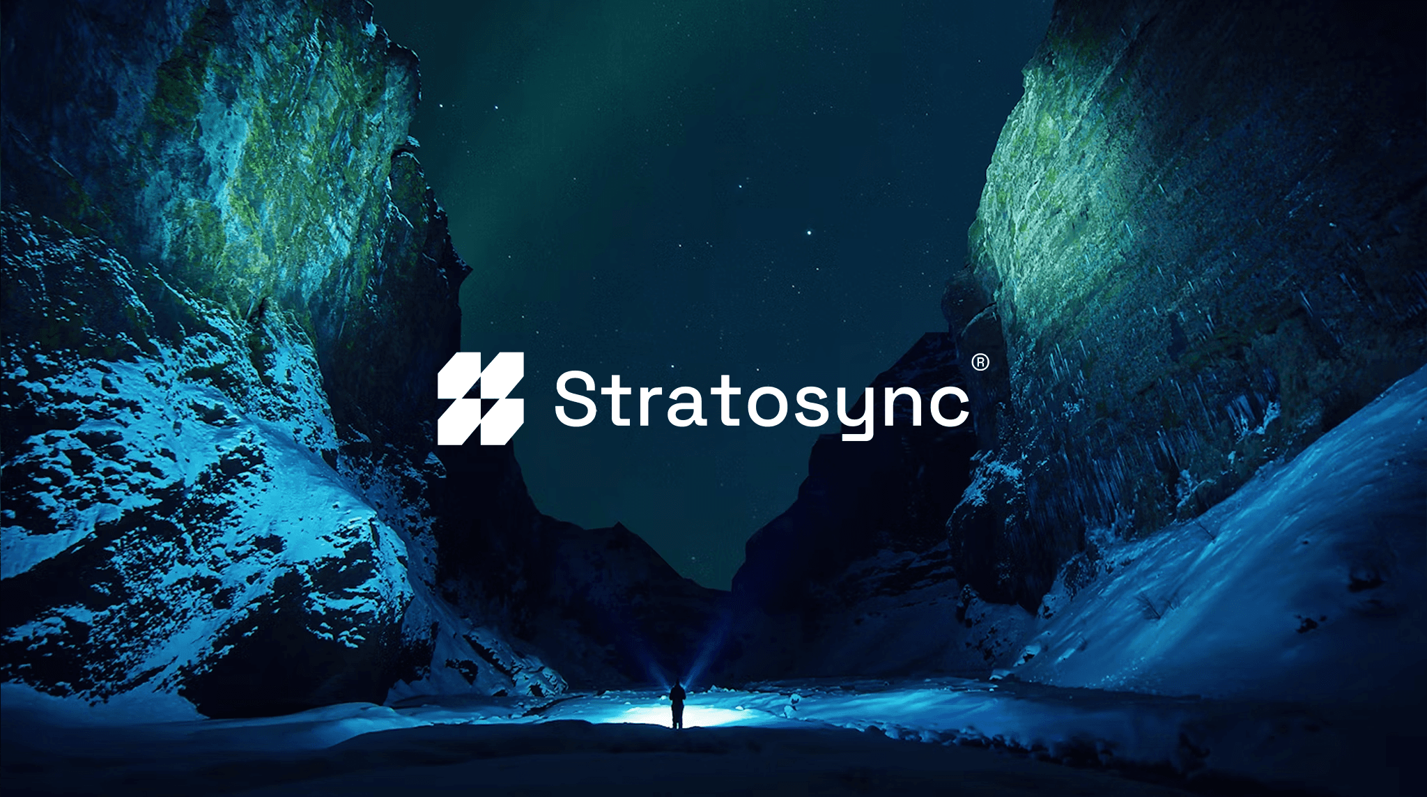 Stratosync® logo displayed in a high-tech, dark blue canyon setting, symbolizing encrypted satellite connectivity and cybersecurity solutions.