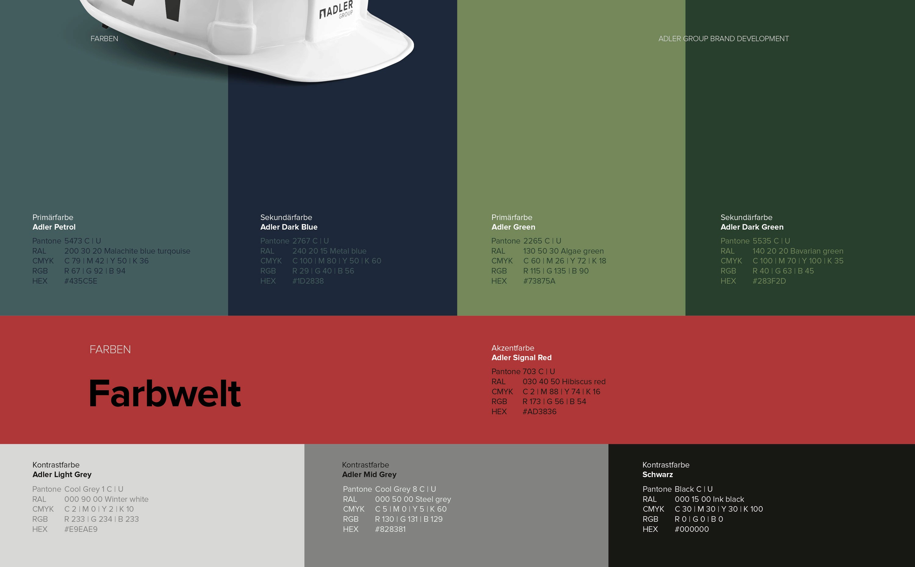 Corporate Design Farbkonzept der Adler Group – dezente, architektonisch inspirierte Farbpalette mit hoher Wiedererkennbarkeit.