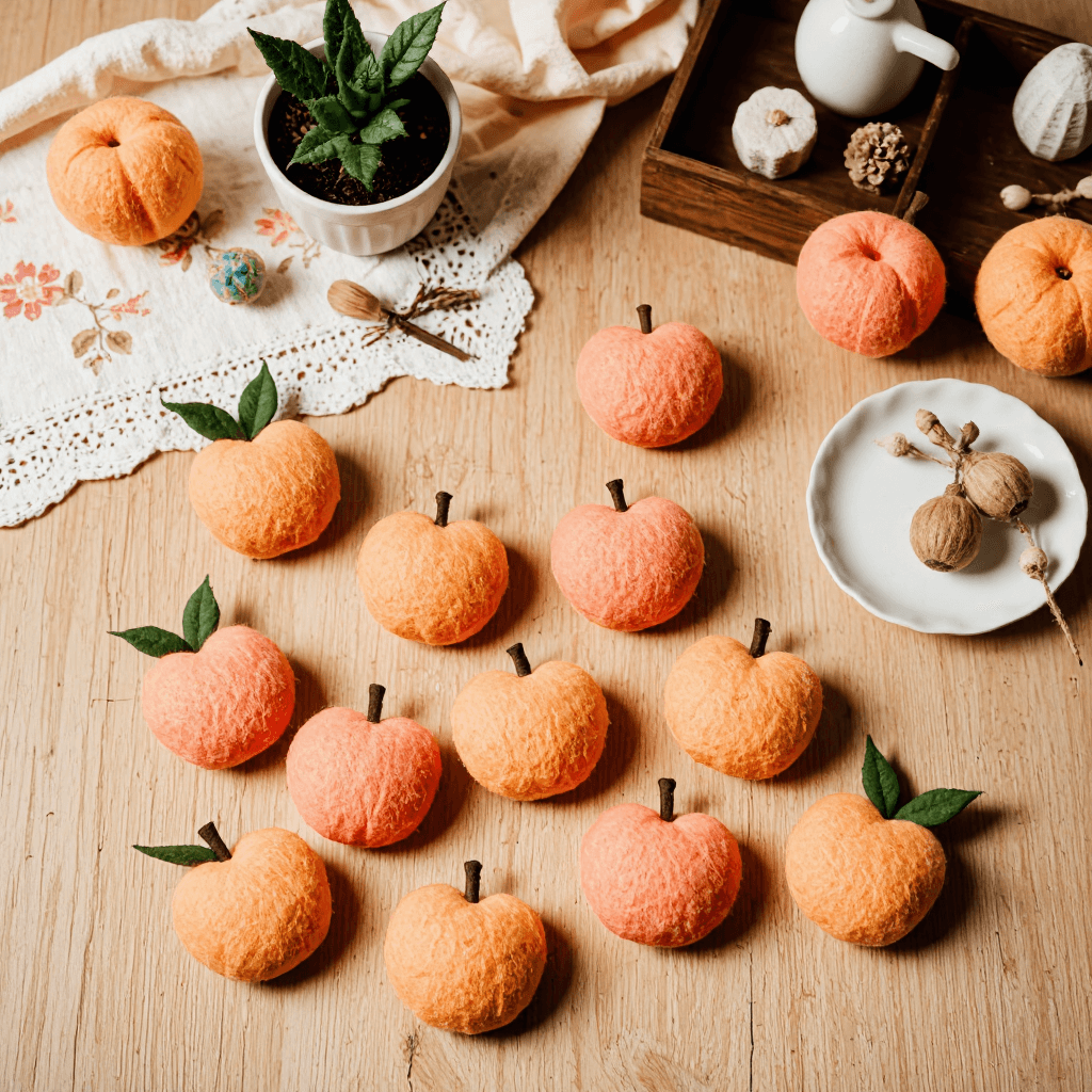 product photography of a set of peach-shaped felt decorations