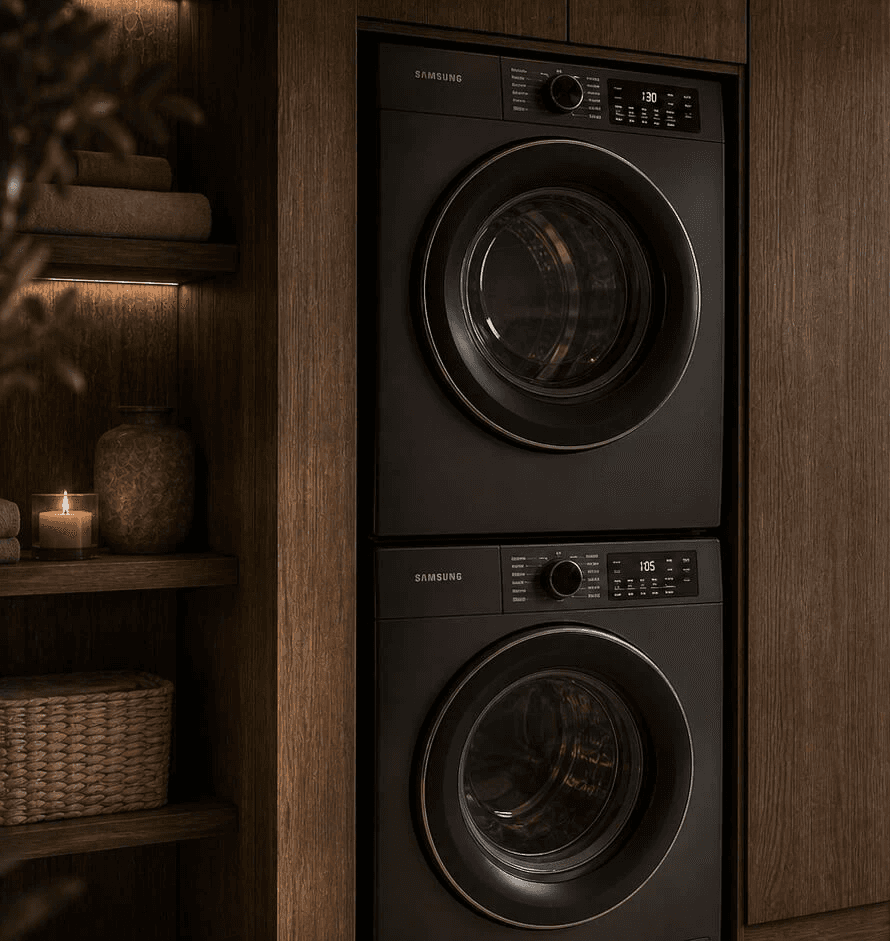 Stacked washing machine and dryer in a timber utility cupboard
