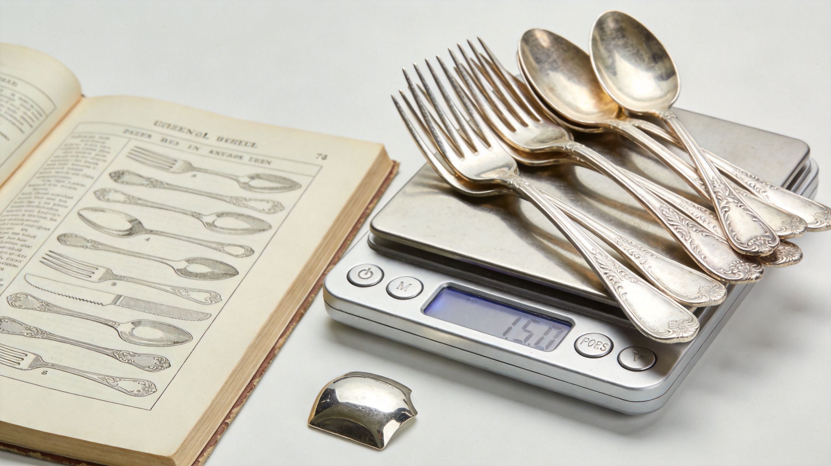 A collection of antique silver flatware being weighed on a digital scale next to an old reference book.