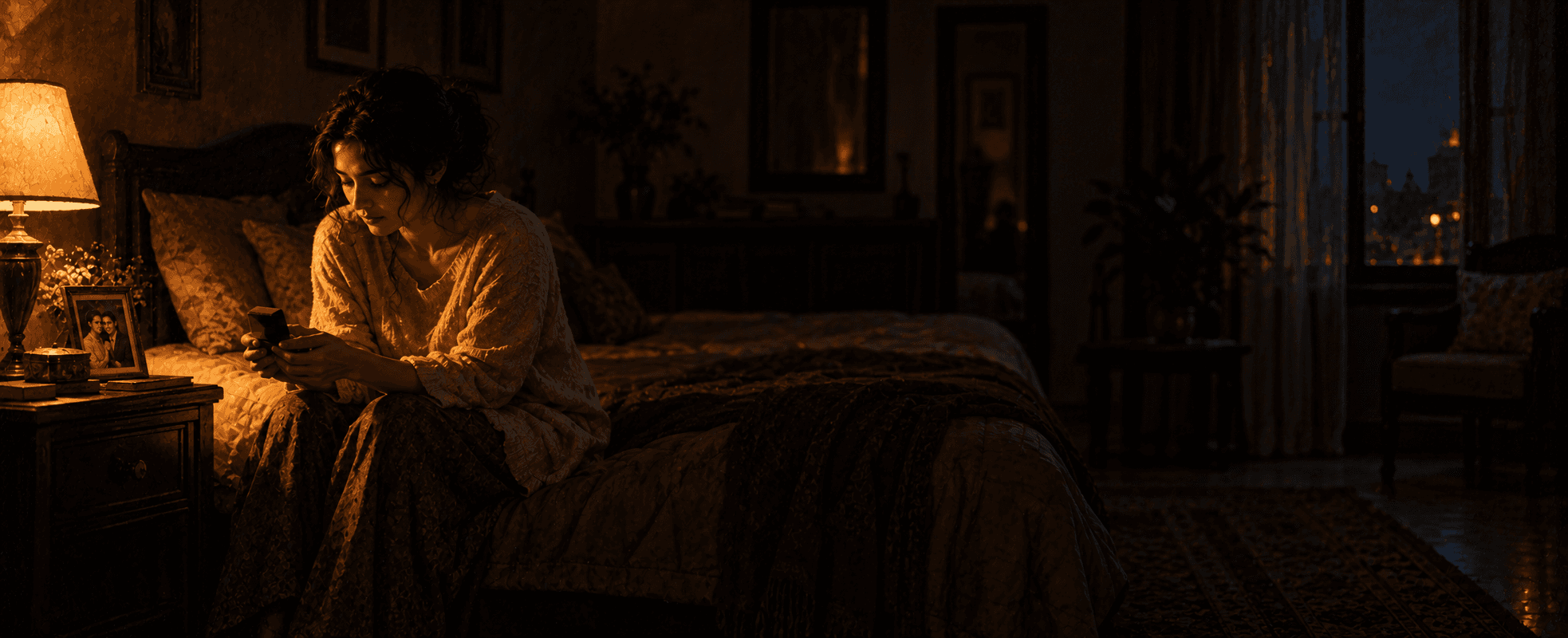 A woman sits at the edge of her bed at night turning a ring box over in her hands, a framed photo of the couple lit by a bedside lamp, the rest of the room fading into quiet shadow.