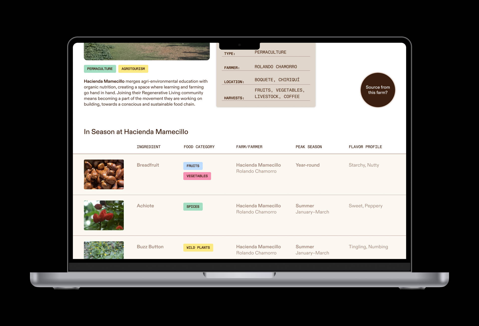 A laptop screen displays a webpage titled “In Season at Hacienda Mamecillo,” showcasing a farm-to-table menu with ingredients, farm/farmer, peak season, and flavor profile. The menu includes items like breadfruit, spices, wild plants, and fruits, with sourcing information from a farm. The laptop is positioned against a black background.