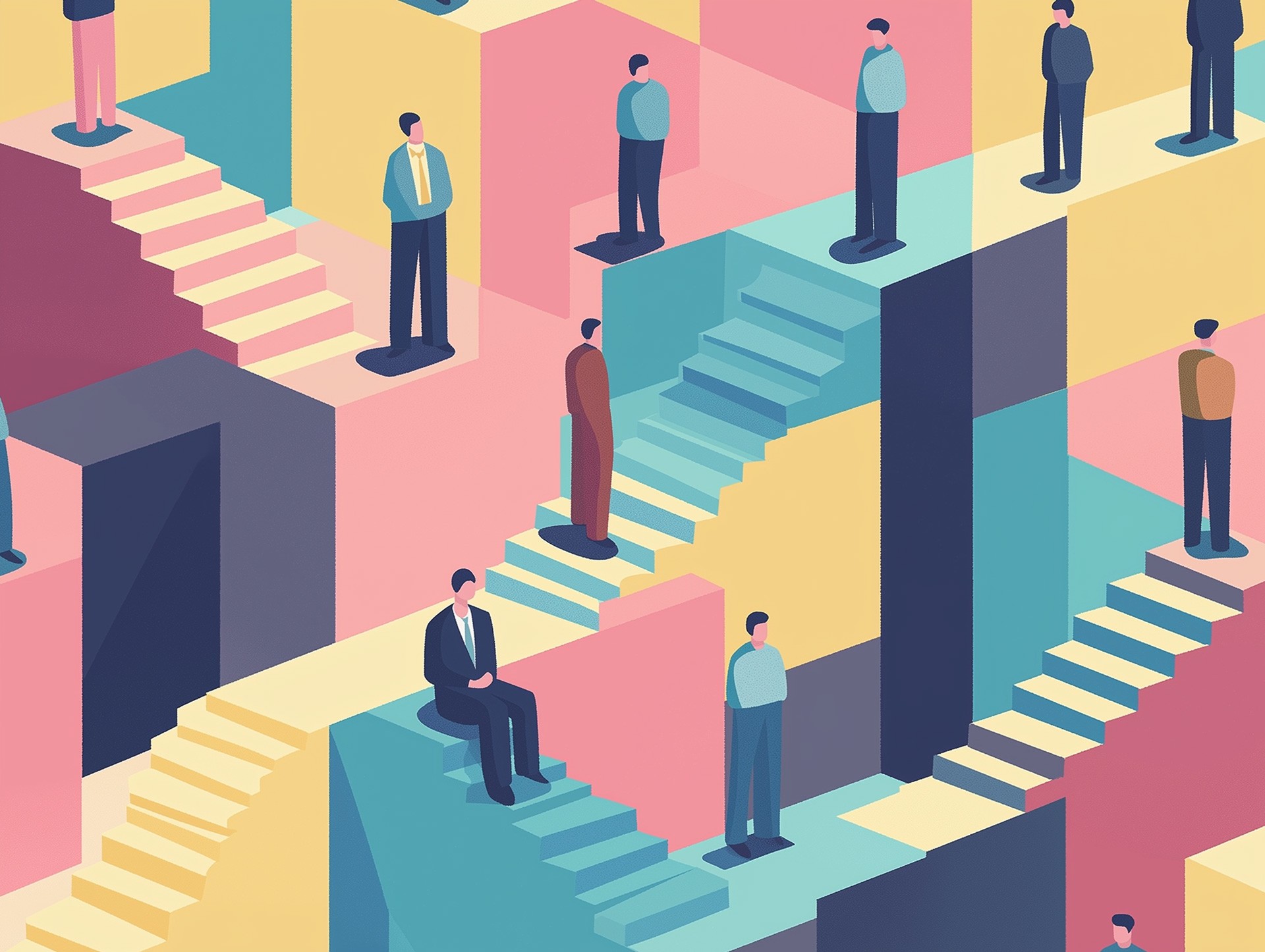 A illustration with different stairs and people going in different direcctions