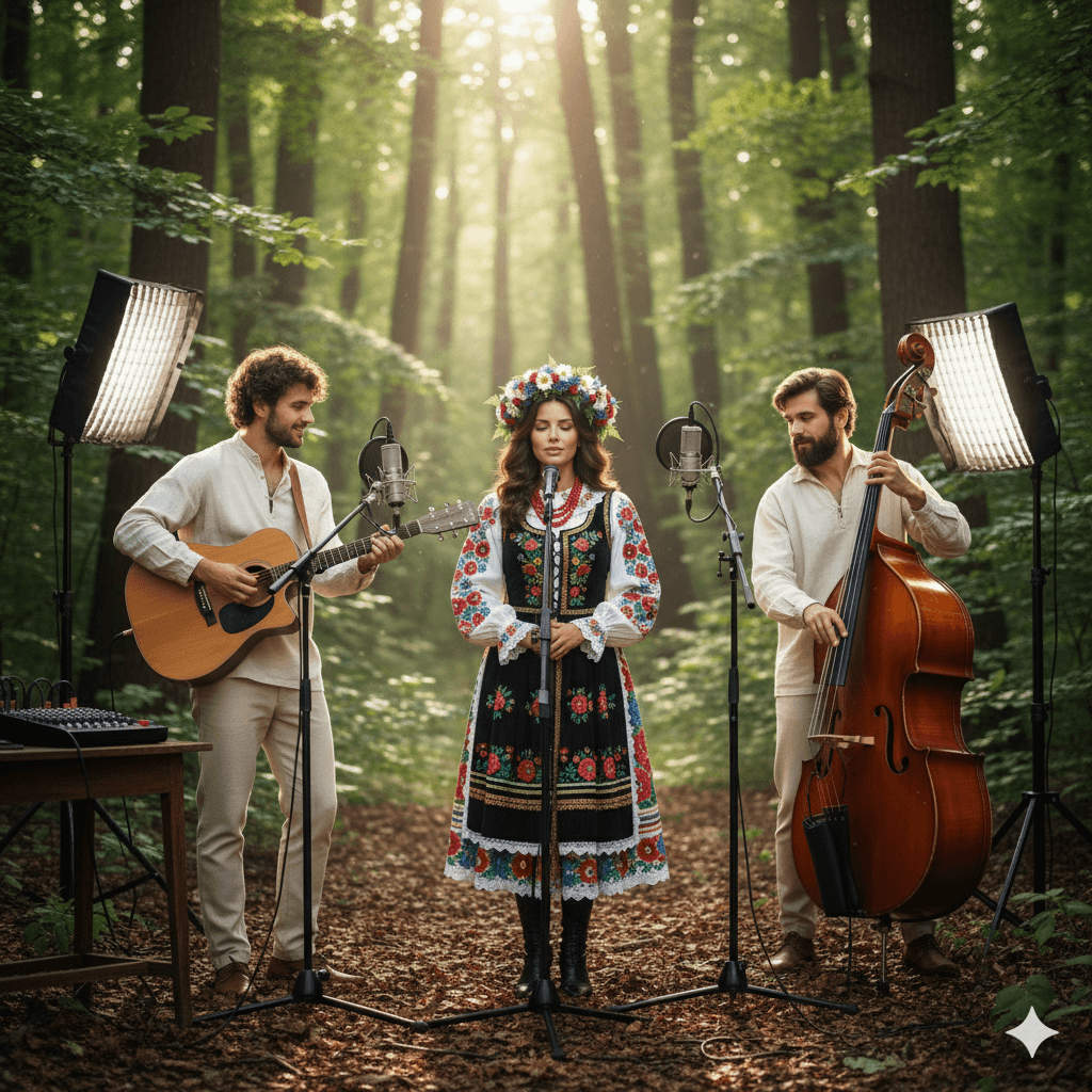 Woman near microphone in recording studio