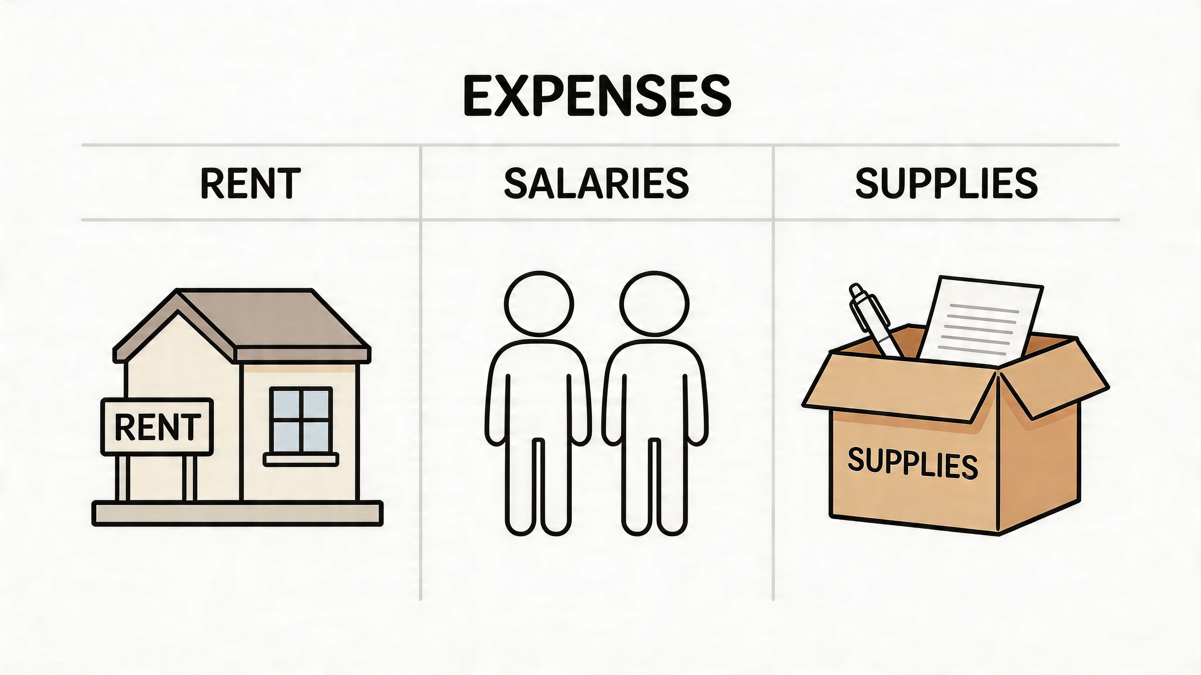 An infographic representing business expenses, featuring icons for rent, salaries, and office supplies in a grid.