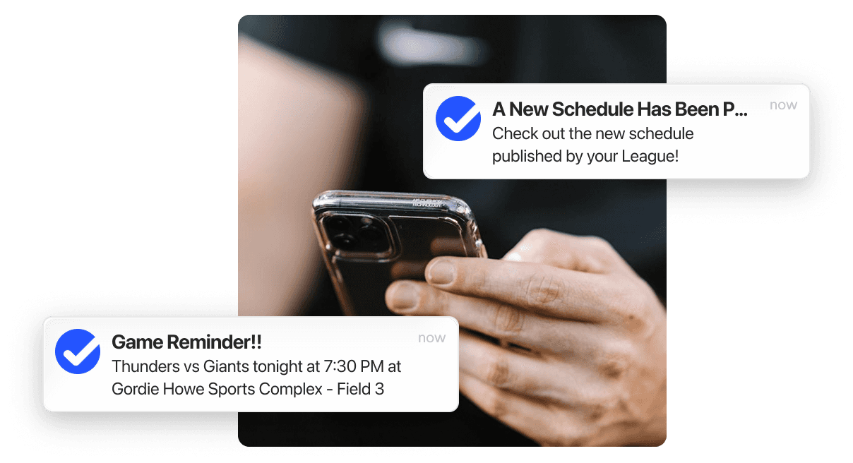 Person receiving a TeamLinkt push notification on their phone with a lacrosse game schedule reminder