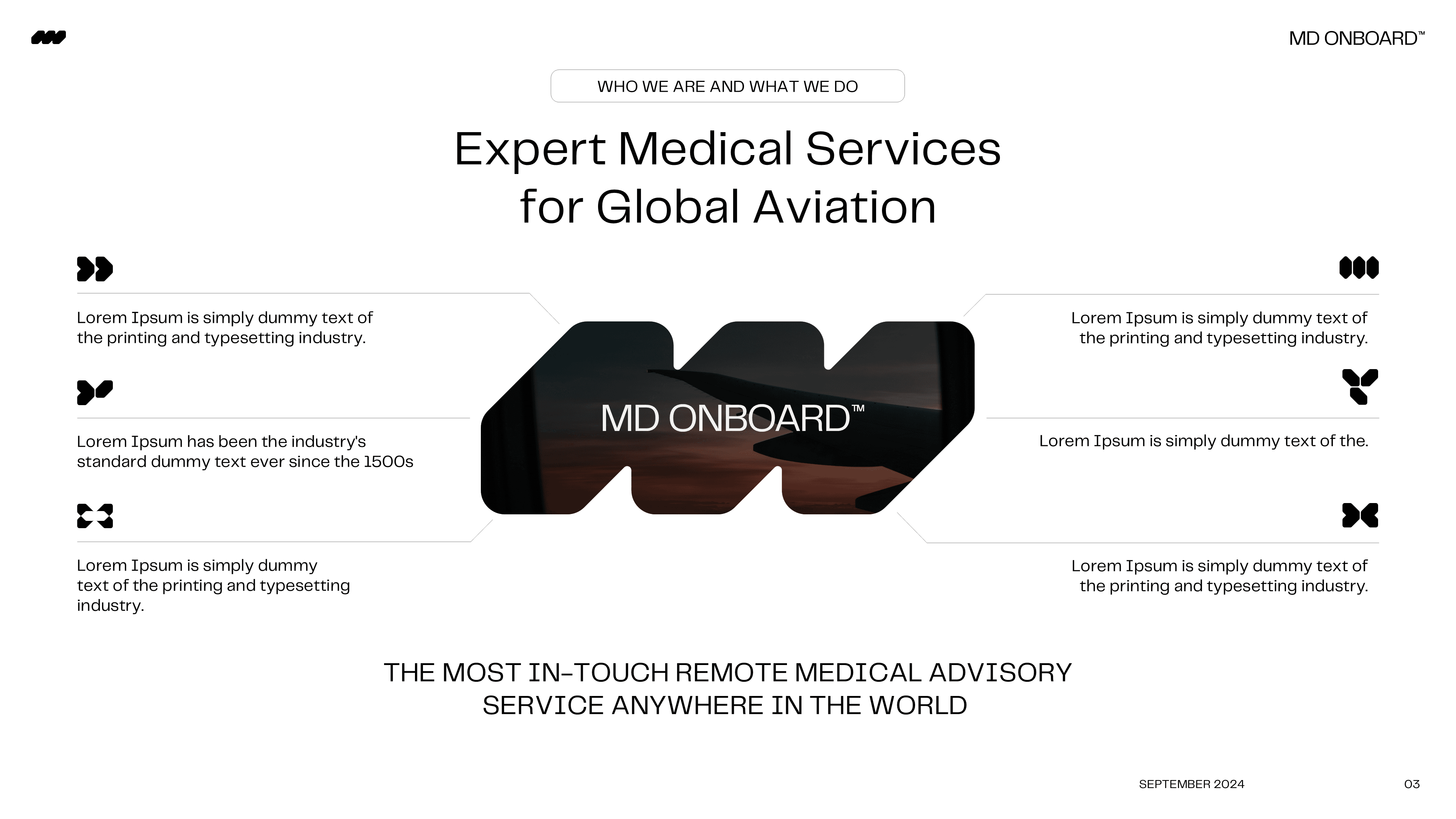 Service Offerings Visual: "Custom slide detailing MDONBOARD.com's range of aviation medical support services."