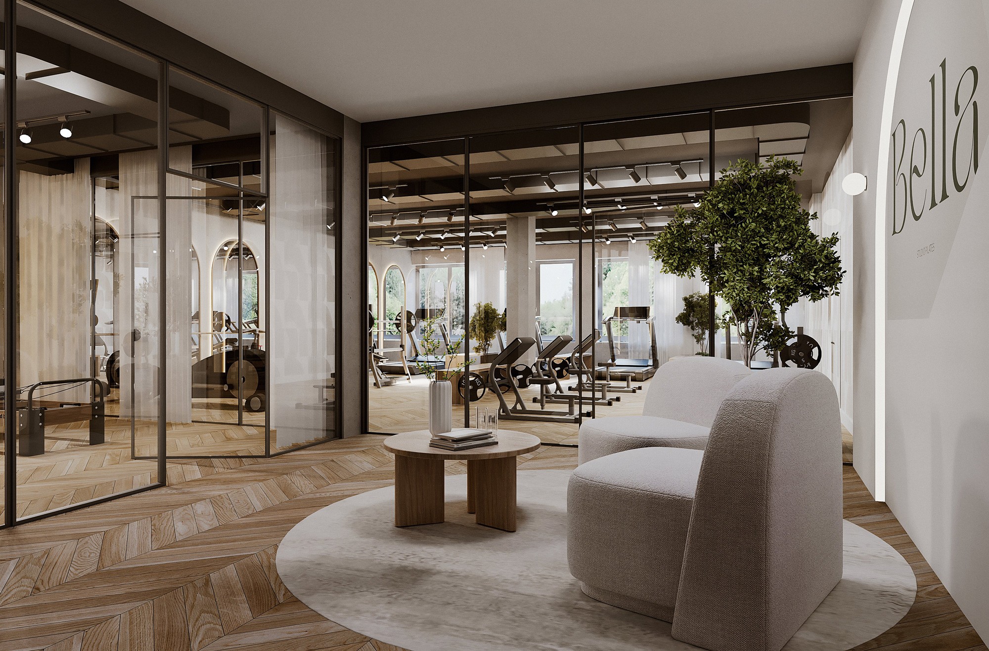 Modern interior featuring a cozy seating area, wooden beams, and potted plants for a welcoming atmosphere.