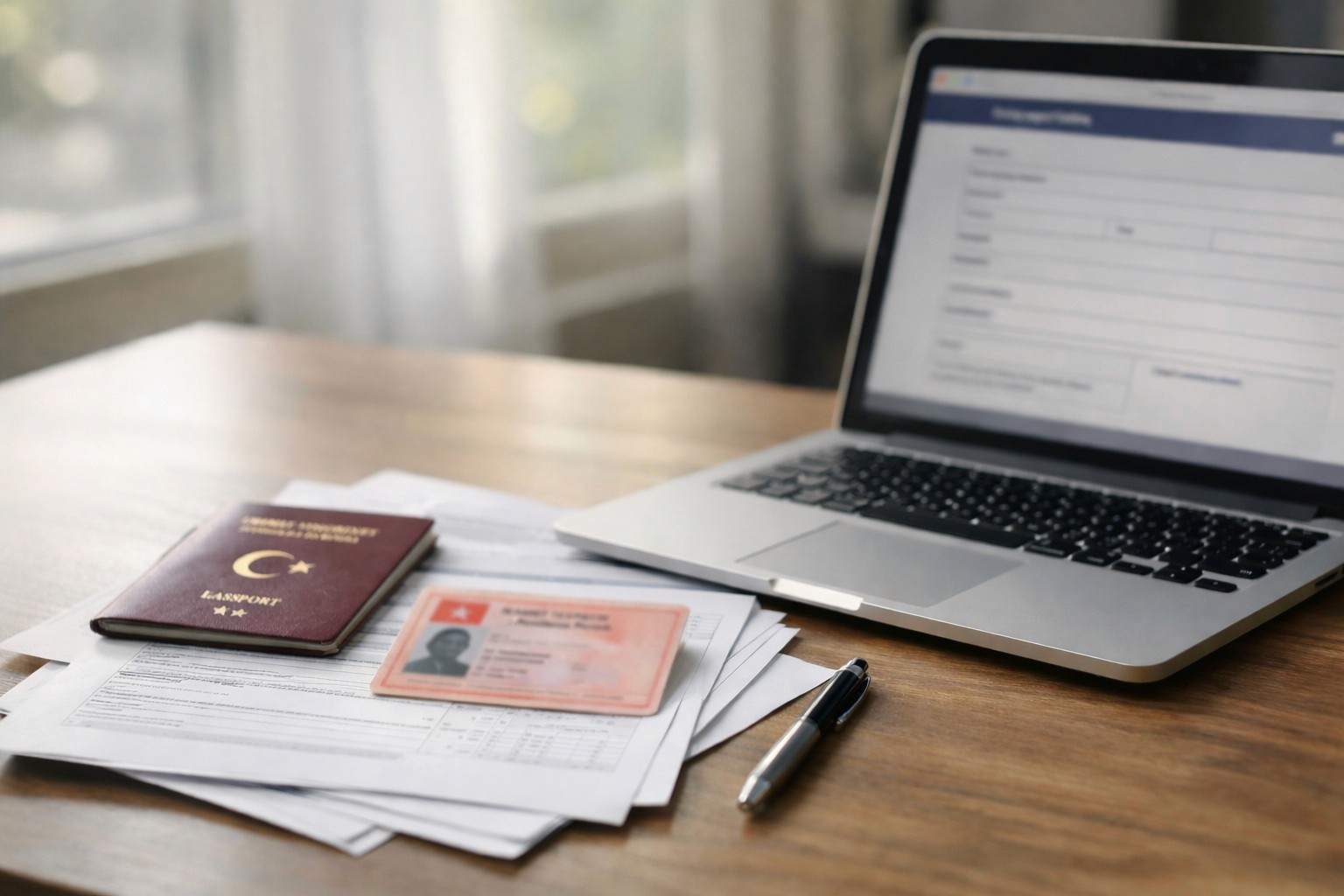 Residence permit renewal process in Turkey with documents, passport and application setup