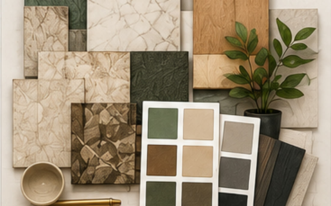 Material palette of stone, wood and fabric swatches