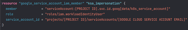Image showing a snippet of a Terraform script defining a resource for a Google service account IAM member with role 'roles/iam.workloadIdentityUser', linking a Kubernetes service account to a Google Cloud service account for impersonation purposes