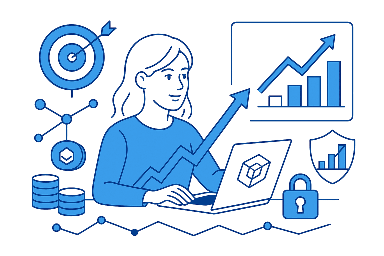 An illustration that represents a woman who is developing a high-performing Web3 GTM strategy 