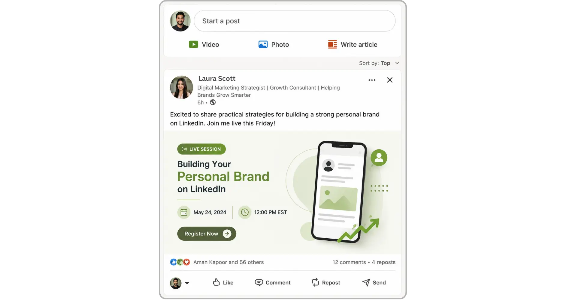 A linkedin feed showing a post sorted by “Top” at the top right