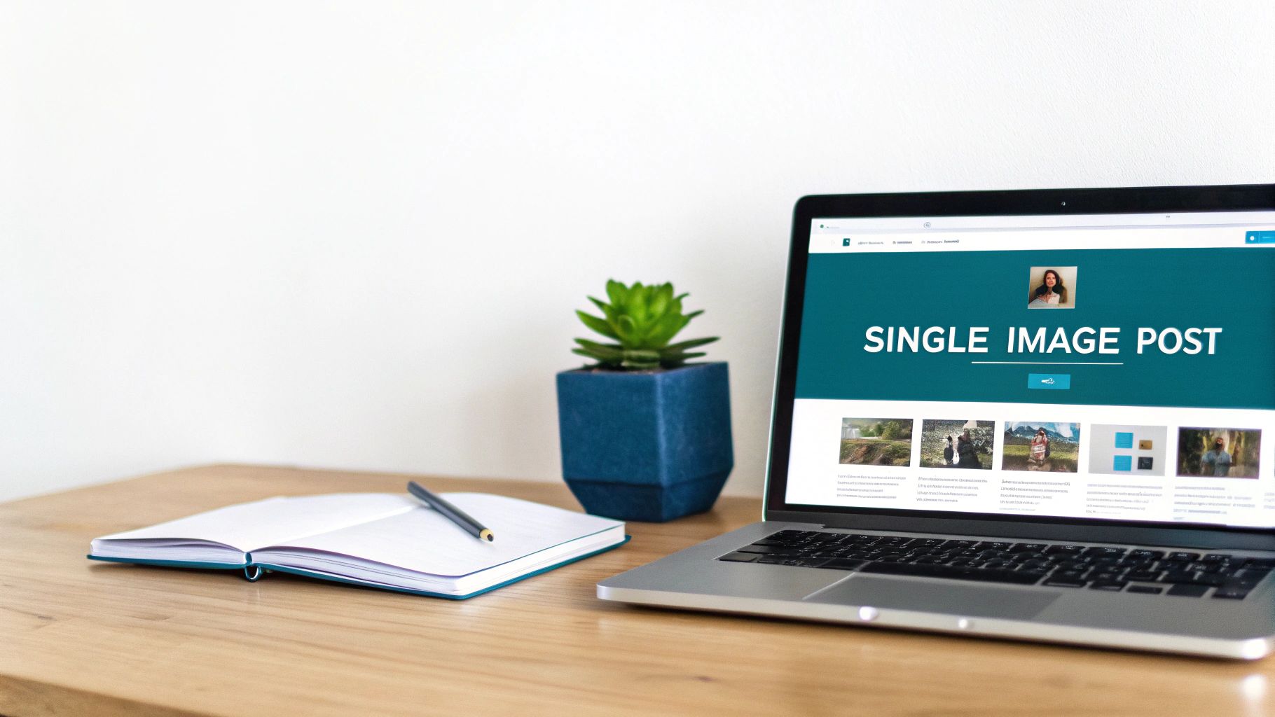 Laptop displaying single image post layout on wooden desk with notebook and plant