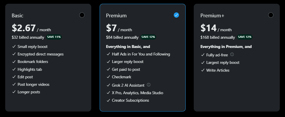 Chart showing the three options of X Premium subscriptions, including their prices and benefits