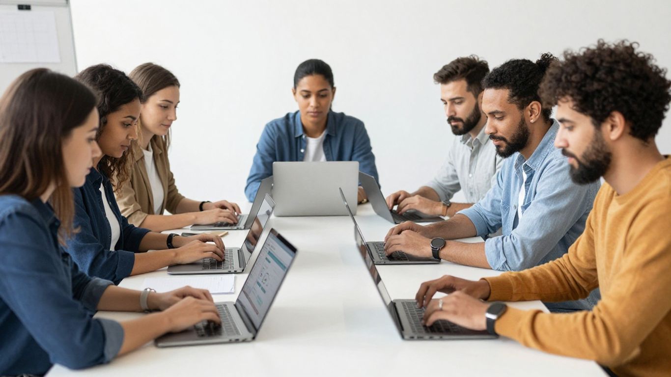 Diverse group of people interacting with digital interfaces