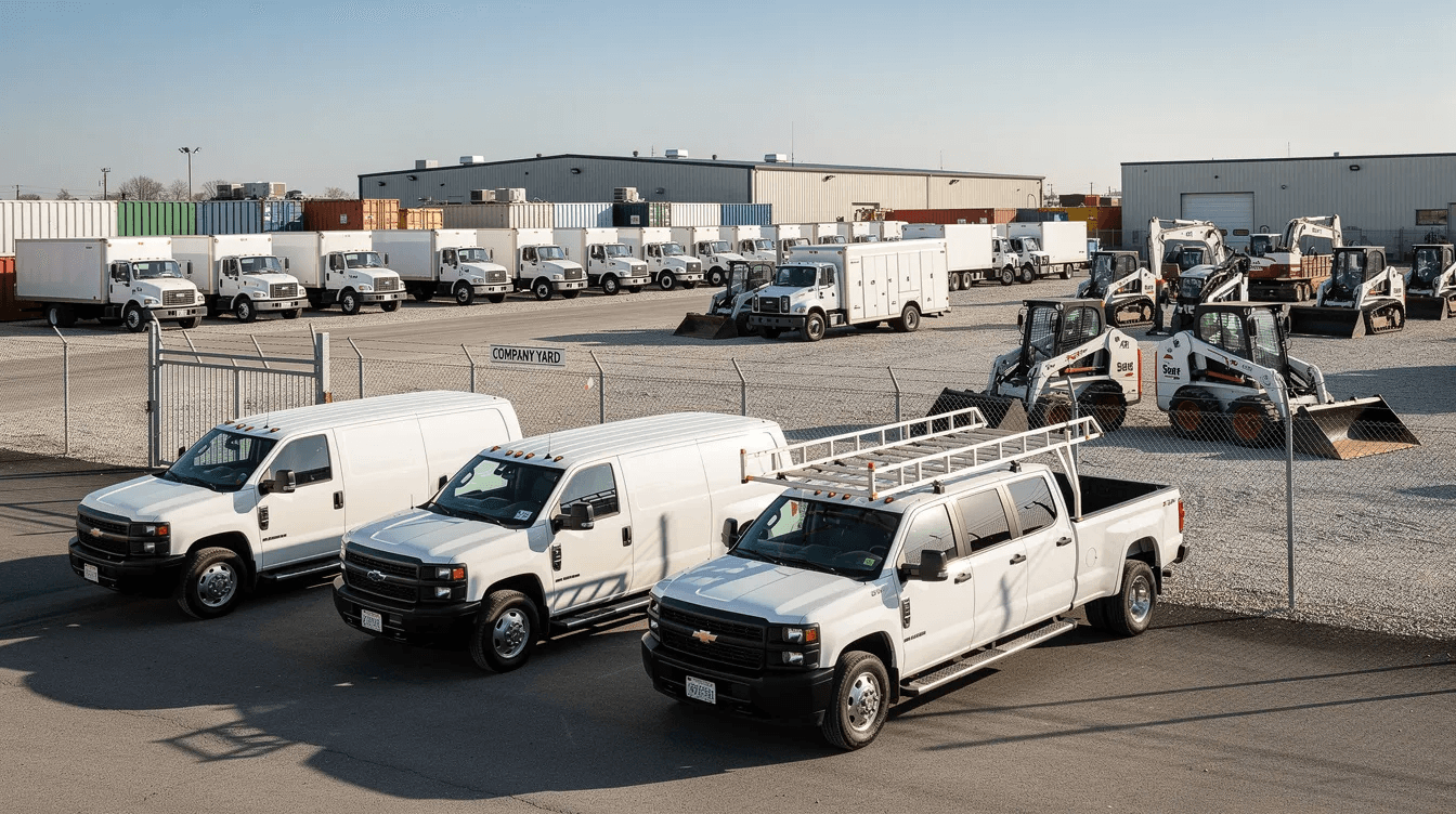 A fleet of white work vehicles and construction equipment is parked neatly in a commercial yard, showcasing a variety of business assets that could be financed through options like unsecured business loans or equipment finance. This scene reflects the operational capacity of a business, highlighting the importance of cash flow and effective financial planning for ongoing projects.