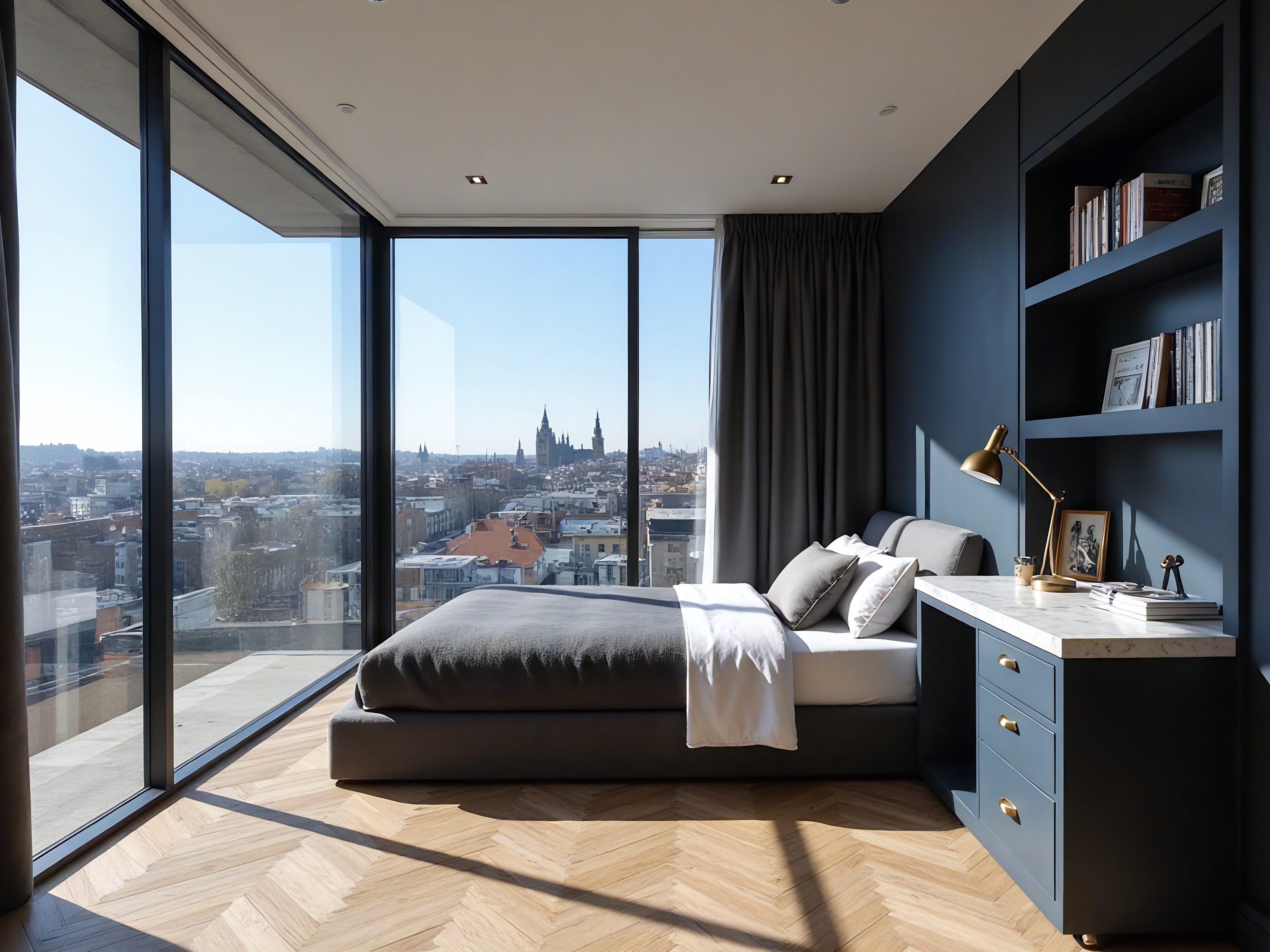A classic European-style bedroom with ornate ceiling moldings and white paneled walls is shown. A large window on the far wall looks out on green foliage. A large, green upholstered, winged bed is against the wall on the left, which has a two-panel grey and white painting hanging directly above the bed. The bed features light sage green pillows and bedding as well as a small, green upholstered bench at the foot. A sage green knitted throw blanket is at the lower end. On either side of the bed are small, wooden bedside tables, both with lamps with beige-colored shades. The left bedside table has a stack of three small drawers. A larger rug in a shade of grey sits in front of the bed on the grey and white marble-patterned flooring. To the right, against the right wall, are floor-to-ceiling cream cabinets with gold-colored T-bar style handles. A dark grey pot with a green, leafy bush inside is near the corner and next to the window. In front of the window is a white radiator.