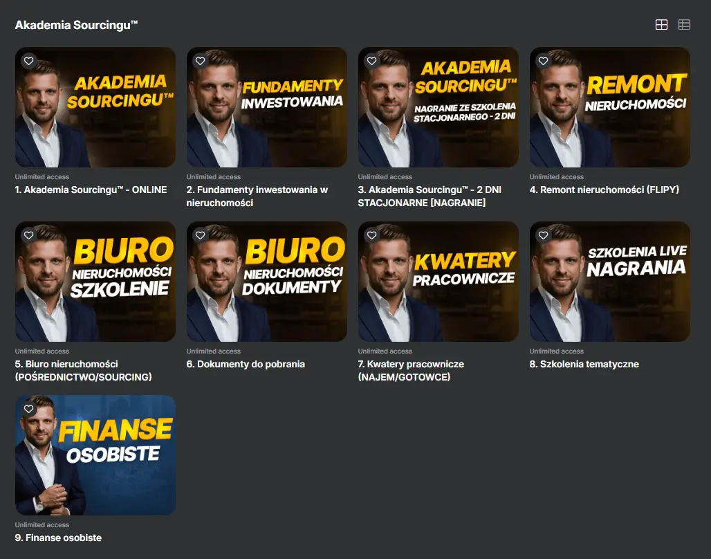 Panel kursu Akademia Sourcingu online z modułami szkoleniowymi Pawła Albrechta
