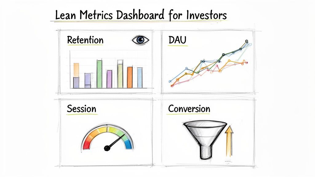 Visual dashboard illustrating lean metrics like retention, DAU, sessions, and conversion for investors.