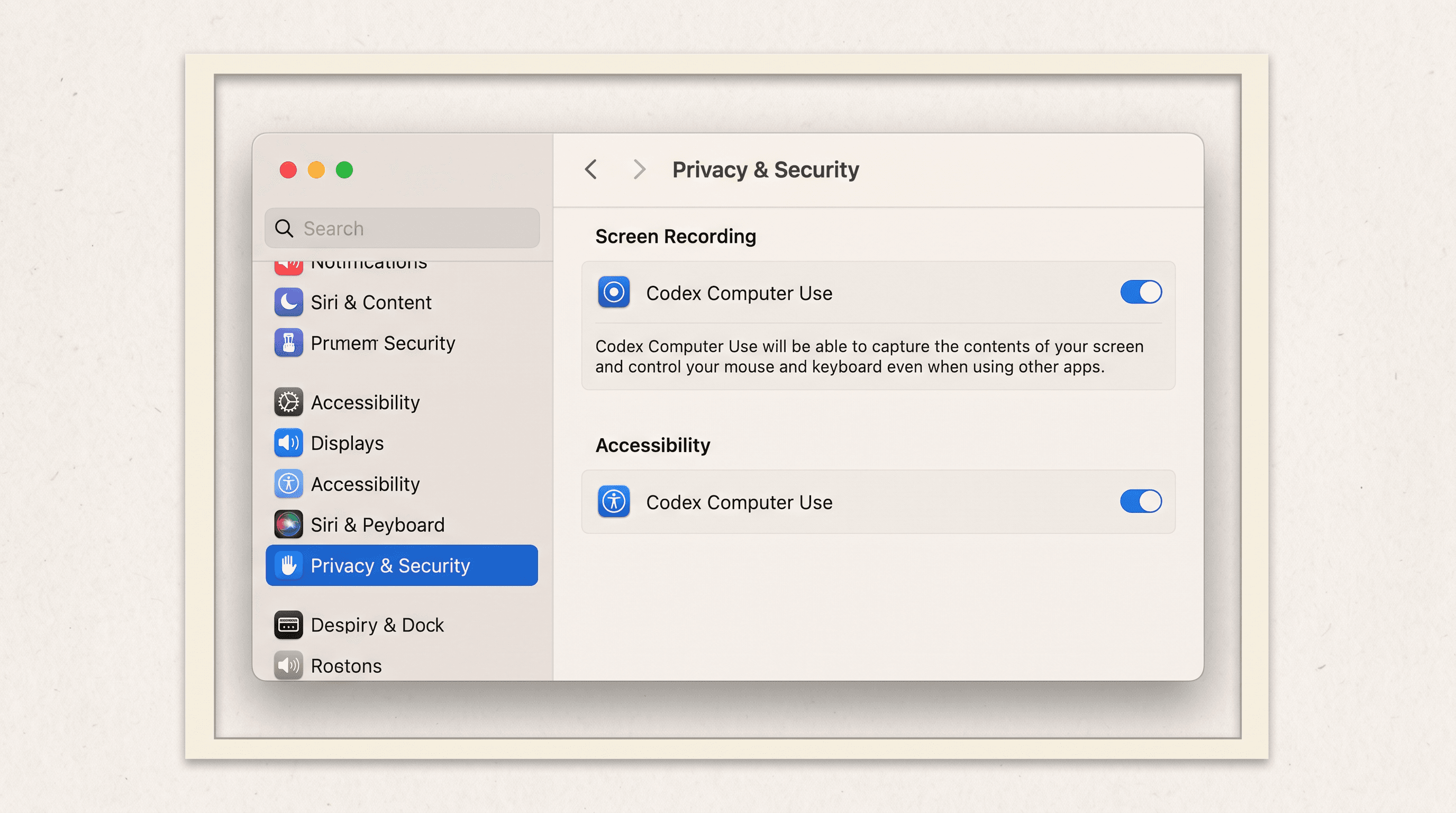 Teaching reconstruction of macOS Privacy and Security settings granting Screen Recording and Accessibility permissions to ChatGPT Codex
