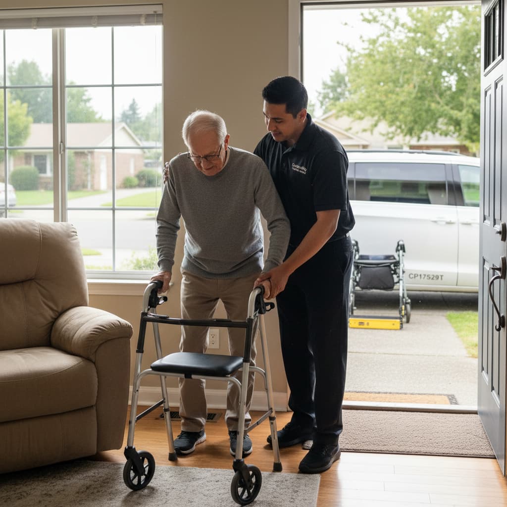 Driver providing compassionate assistance to senior man with walker inside the home as part of reliable door-through-door medical transport service