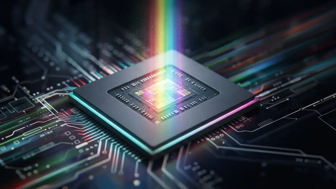Futuristic quantum computing microchip on circuit board representing advanced technology