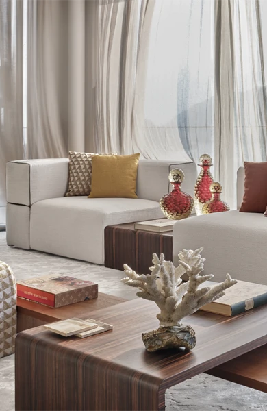 Italian luxury componible sofa in an urban setting with matched contemporary elements