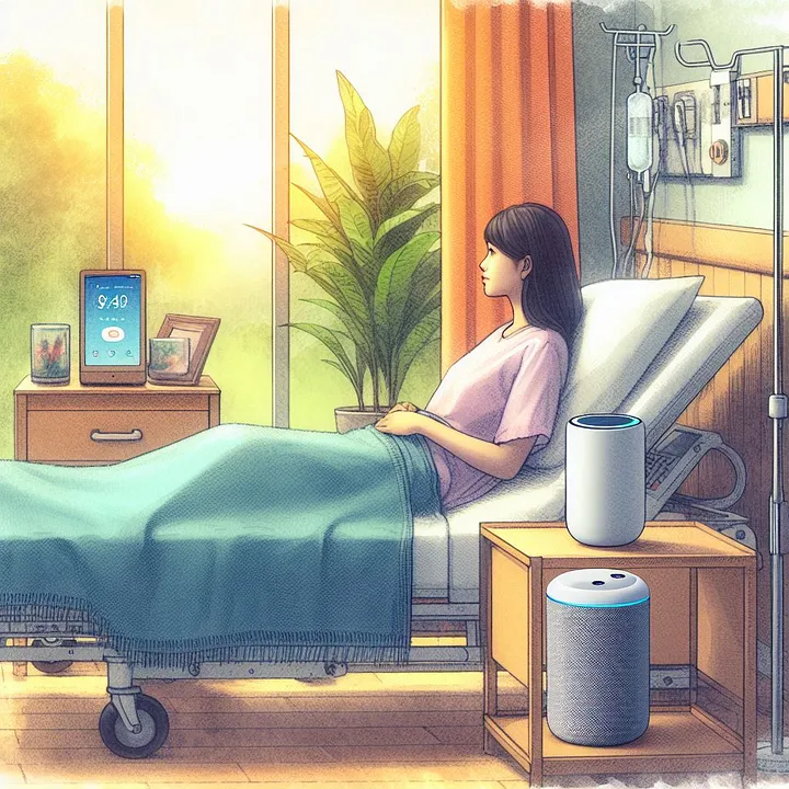 Woman in hospital bed with virtual assistants