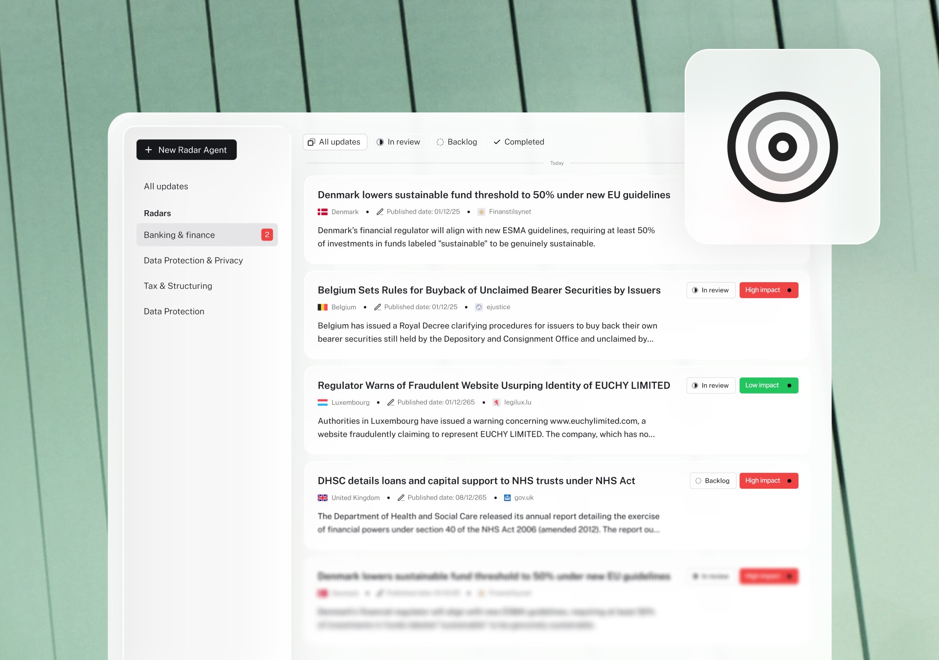 LEGALFLY interface displaying knowledge collections, including partner collections, internal topics, and jurisdiction-specific legal sources.
