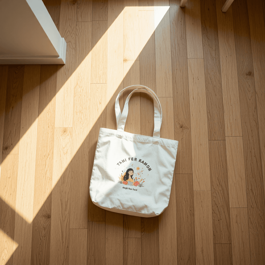 product photography of a small tote bag with a whimsical design