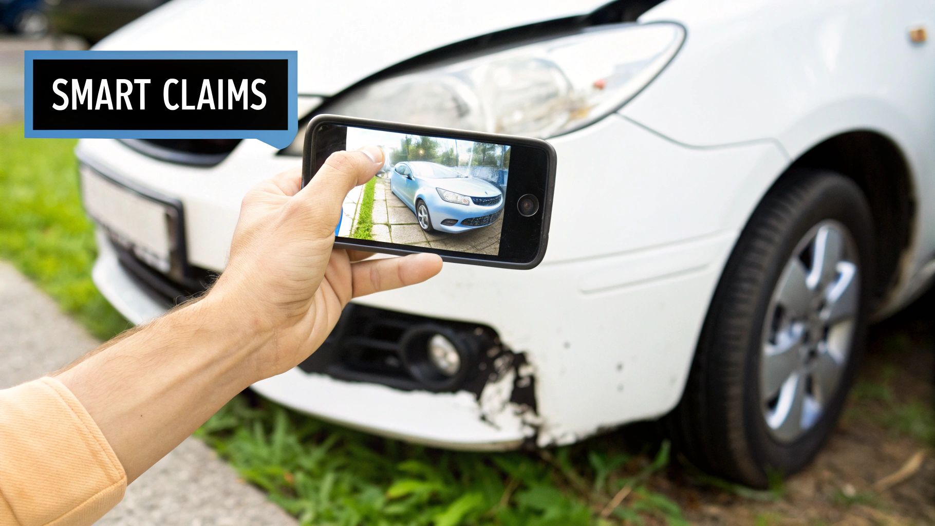 A person uses a smartphone to photograph a damaged white car, illustrating smart insurance claims.