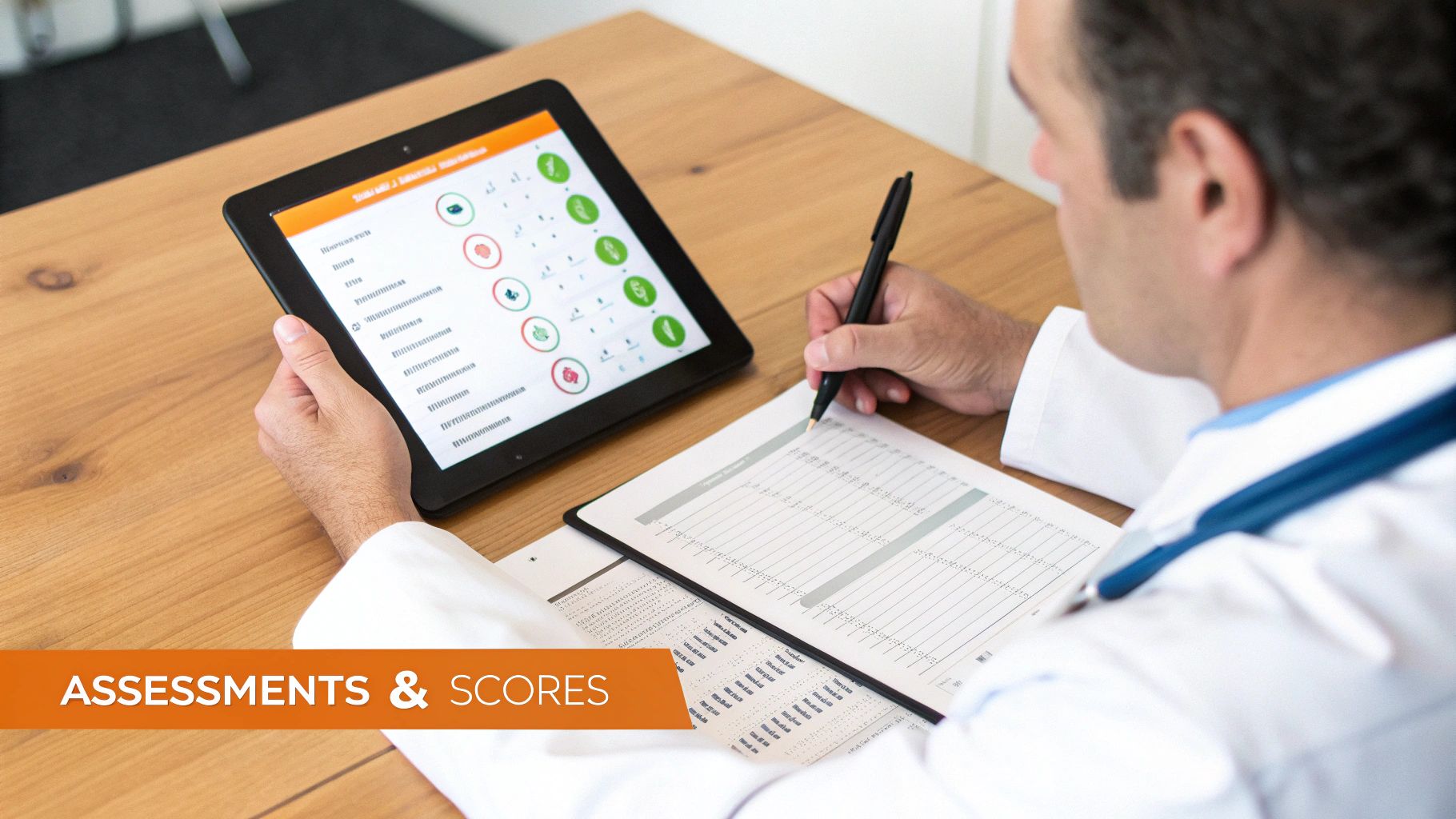 A doctor reviews medical assessments on a tablet while writing on a paper form, managing patient scores.