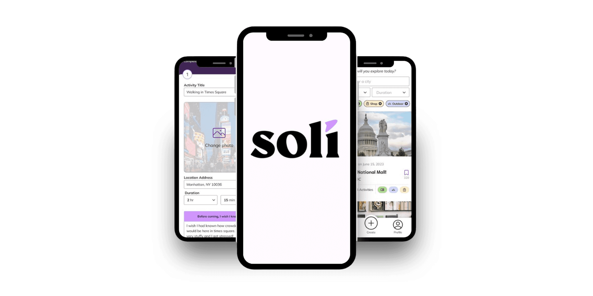 Soli app interface displayed on 3 smartphone screens