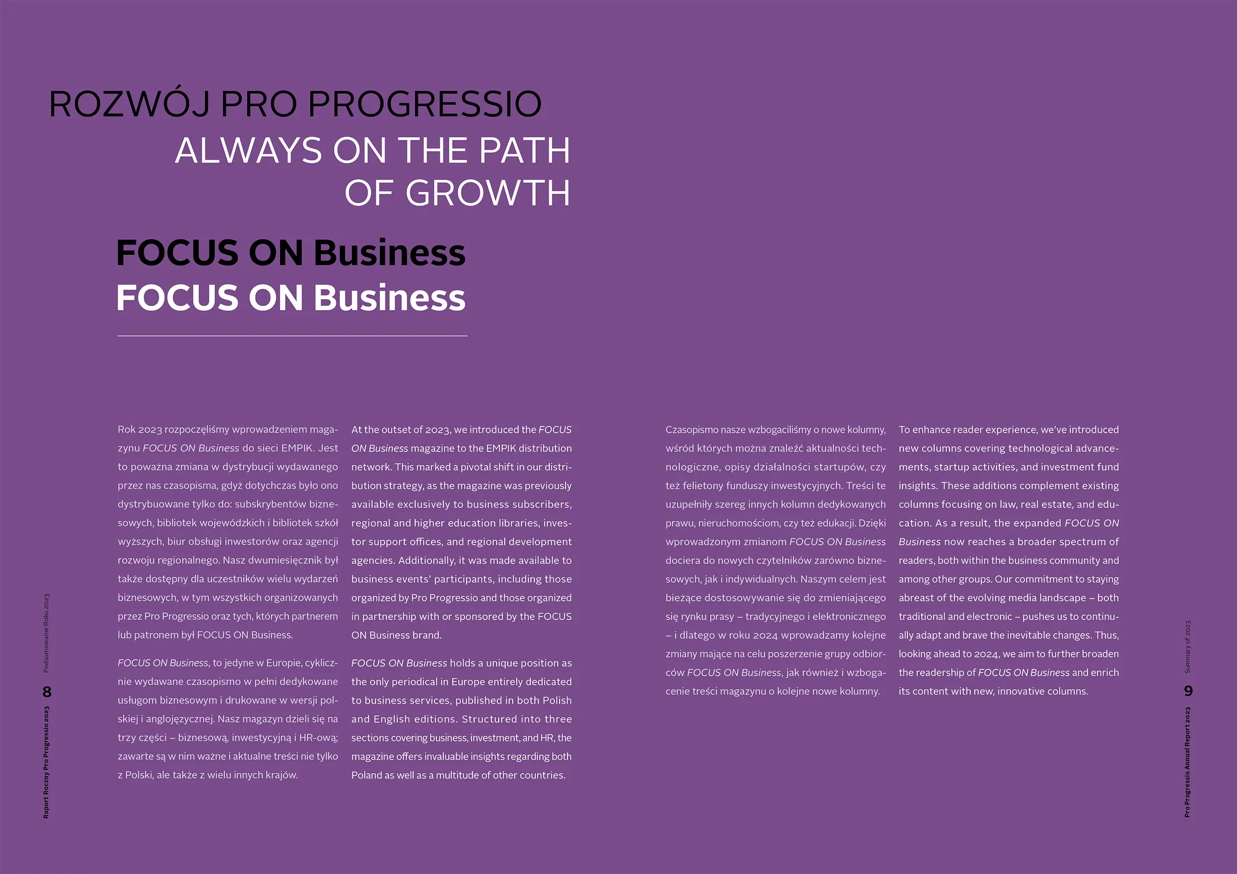 Annual report spread: purple background and white typography