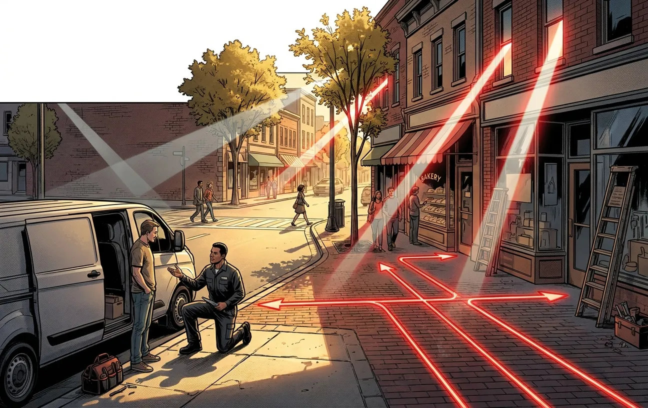 Street scene with a van and neon arrows; RockN' Socials Digital Marketing Agency.