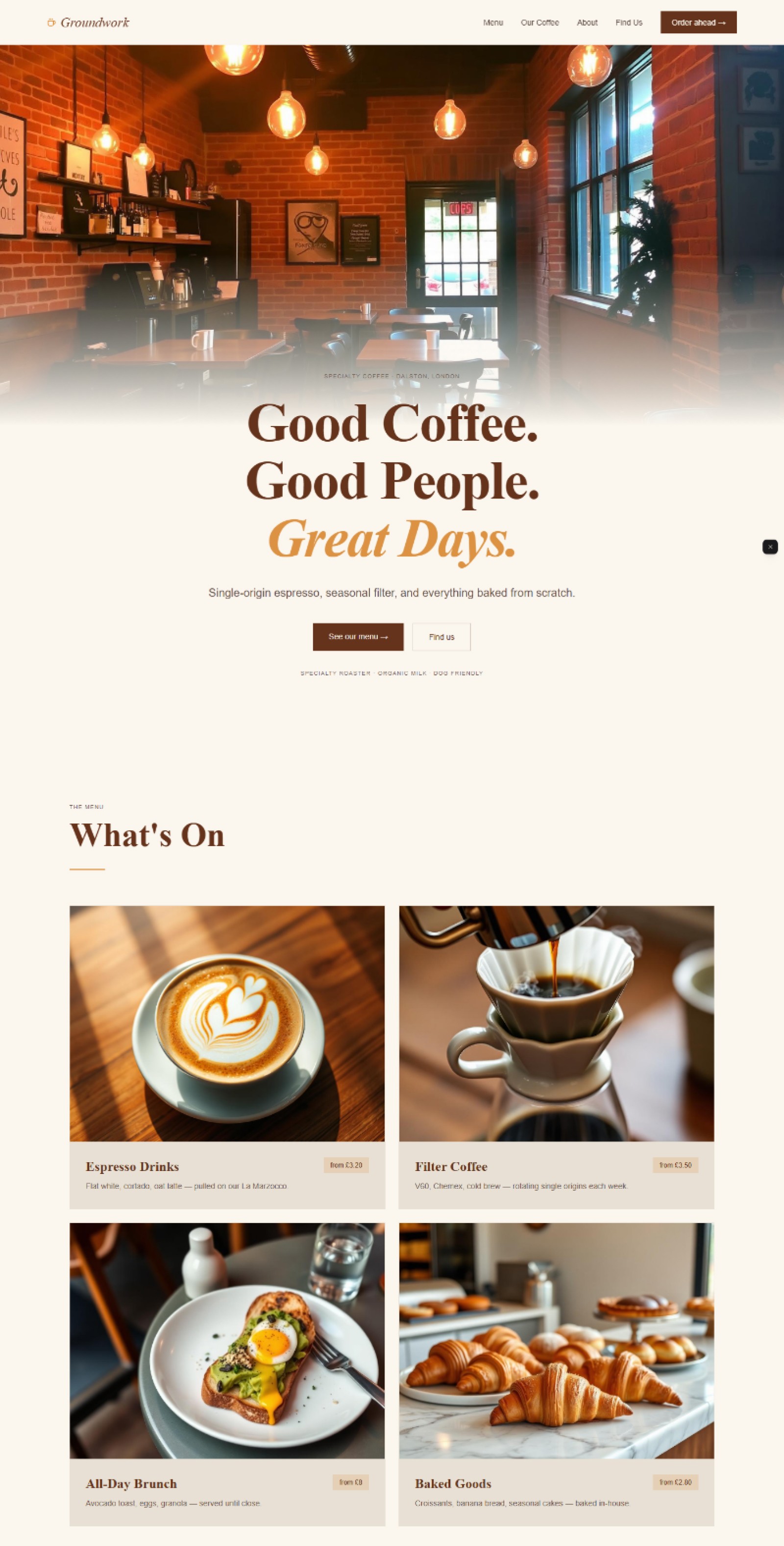 Coffee shop website prompt — warm cream and espresso artisan café coffee shop website design preview