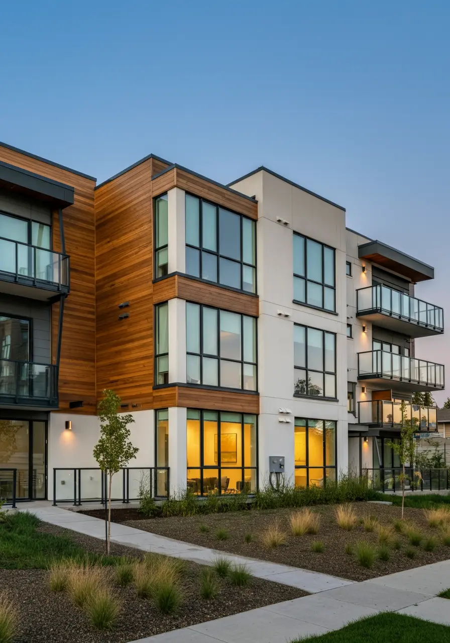 Modern condo building concept with wood and white exterior, large windows, and private balconies, surrounded by landscaped greenery in Cochrane.
