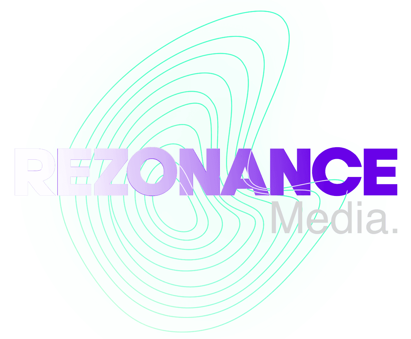 **Rezonance Media logo with a purple-to-cyan gradient wordmark over a glowing abstract green orb on a dark background.**