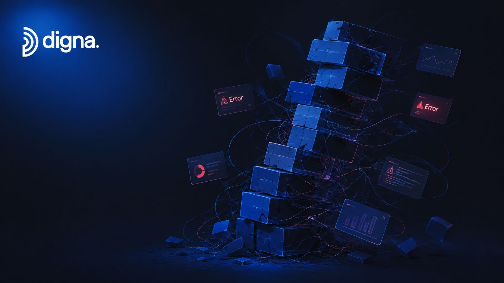 A digital 3D artistic representation of a collapsing stack of blocks surrounded by floating technical error notifications.