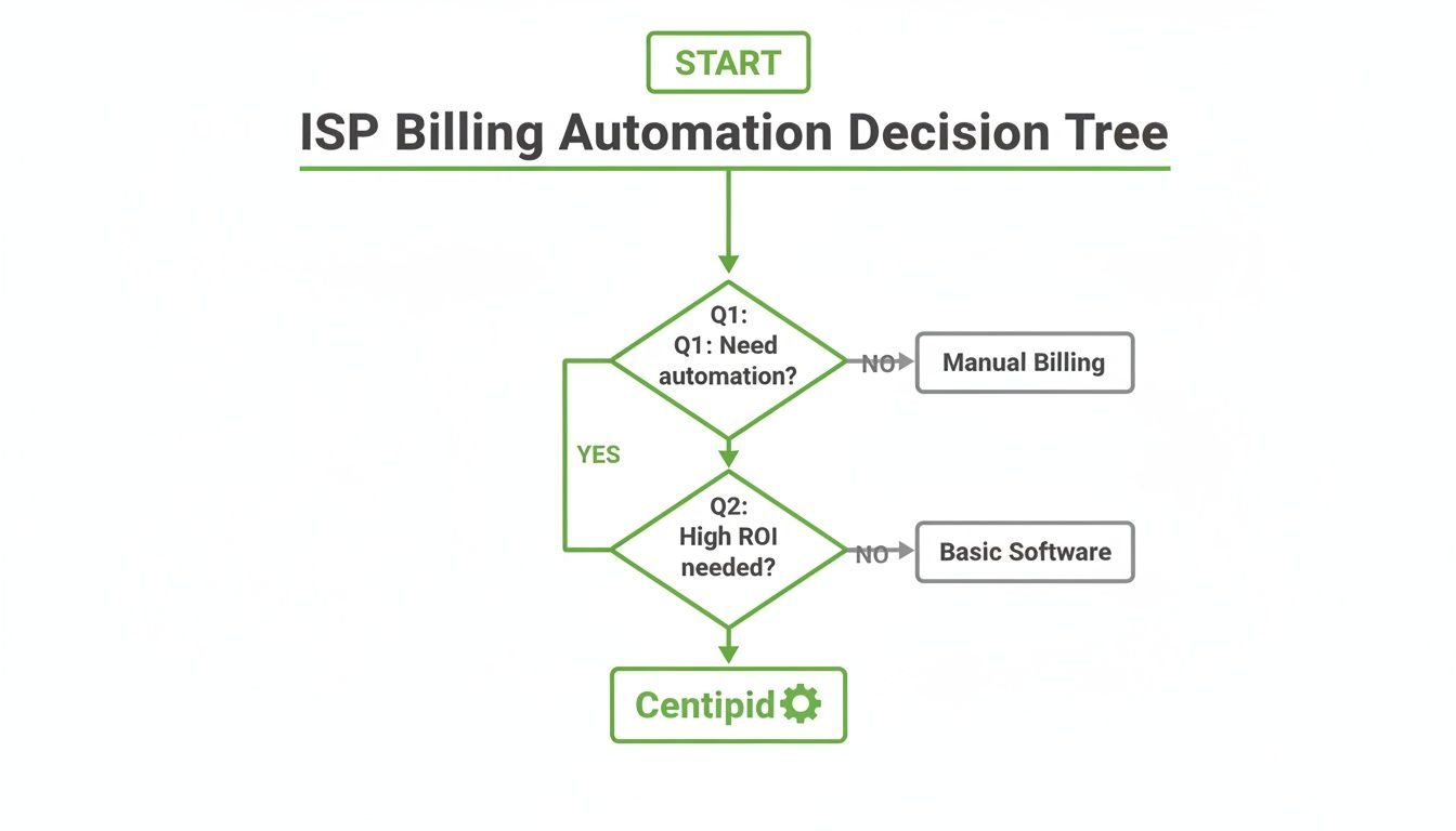A decision tree flowchart for ISP billing automation, guiding users based on automation needs and ROI to Centipid.