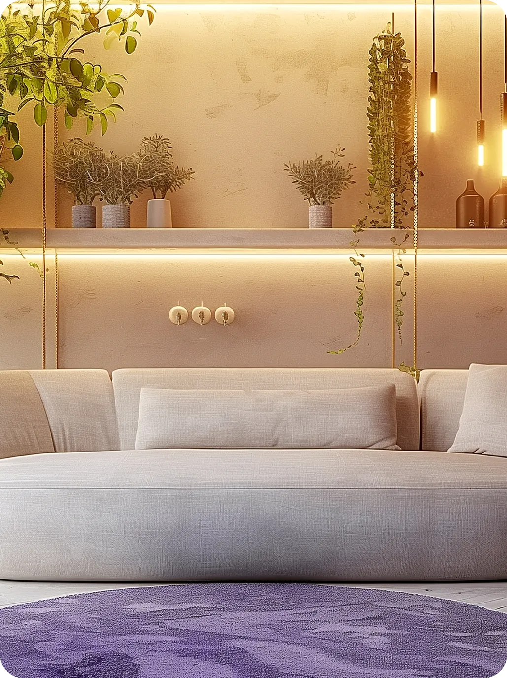 Warmly lit bedroom with a white bed, potted plants, shelves, and string lights.