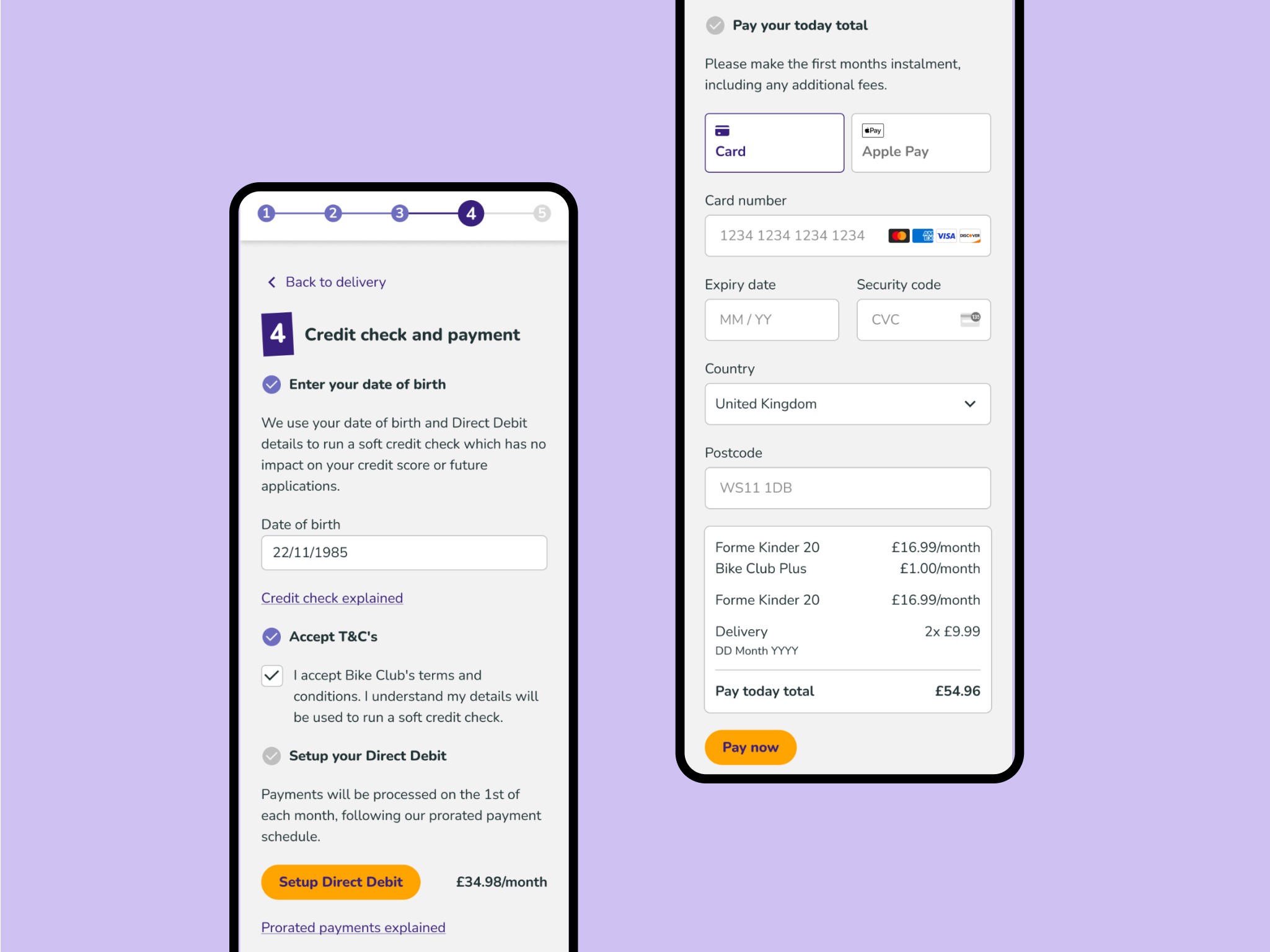 Two mobile phone screens showing the steps for a credit check and payment process.