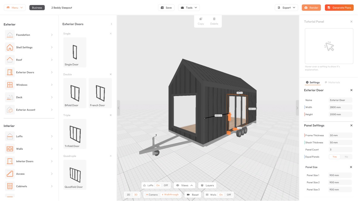 Door Positioning on a tiny house using our tiny house design software