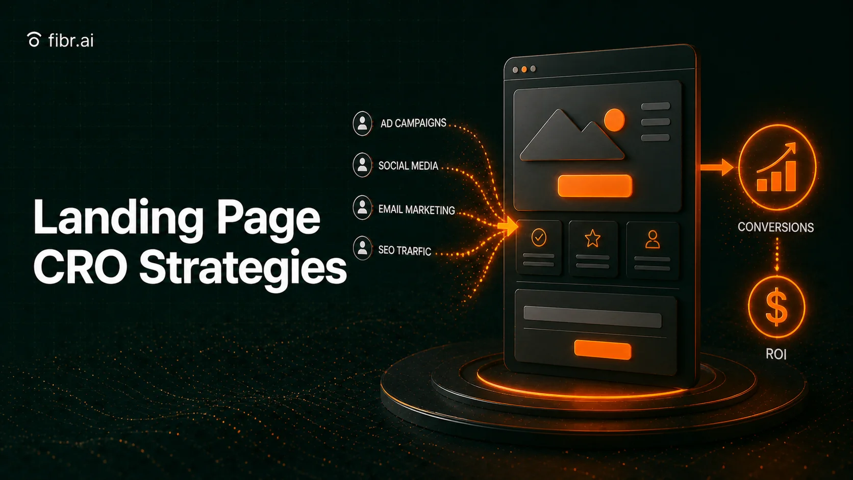 Landing page CRO strategies visualization showing multiple traffic sources feeding into an optimized page layout, resulting in higher conversions and improved ROI.