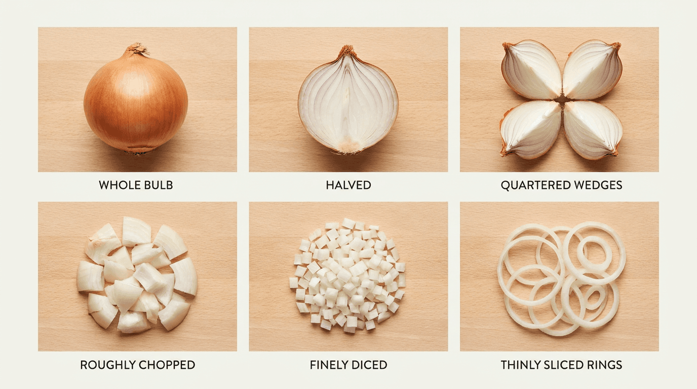 Six overhead photos of onion prep states for computer vision kitchen technology recognition