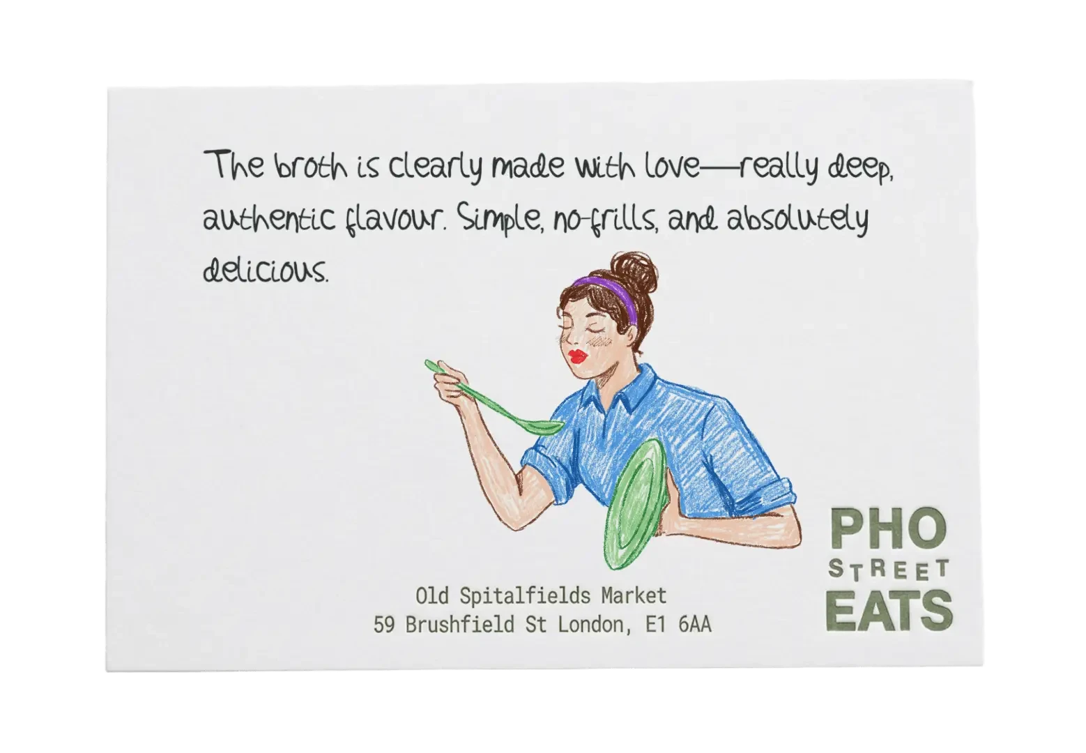 Pho Street Eats review card illustrated with a woman tasting soup, praising the broth.
