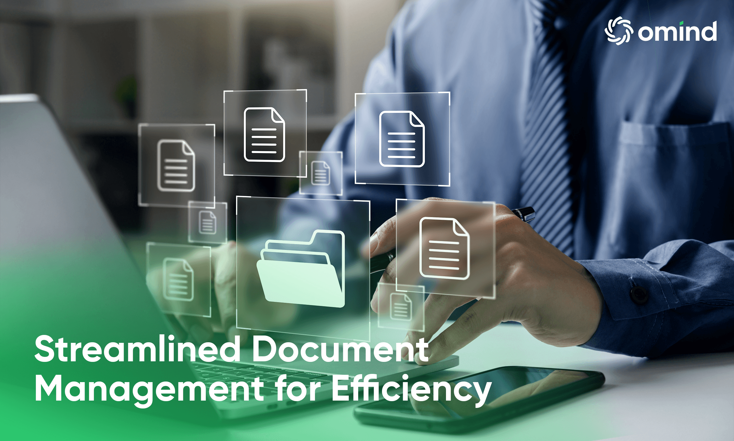 Representation of efficient document management through a digital interface with document icons, implying a streamlined, organized approach.