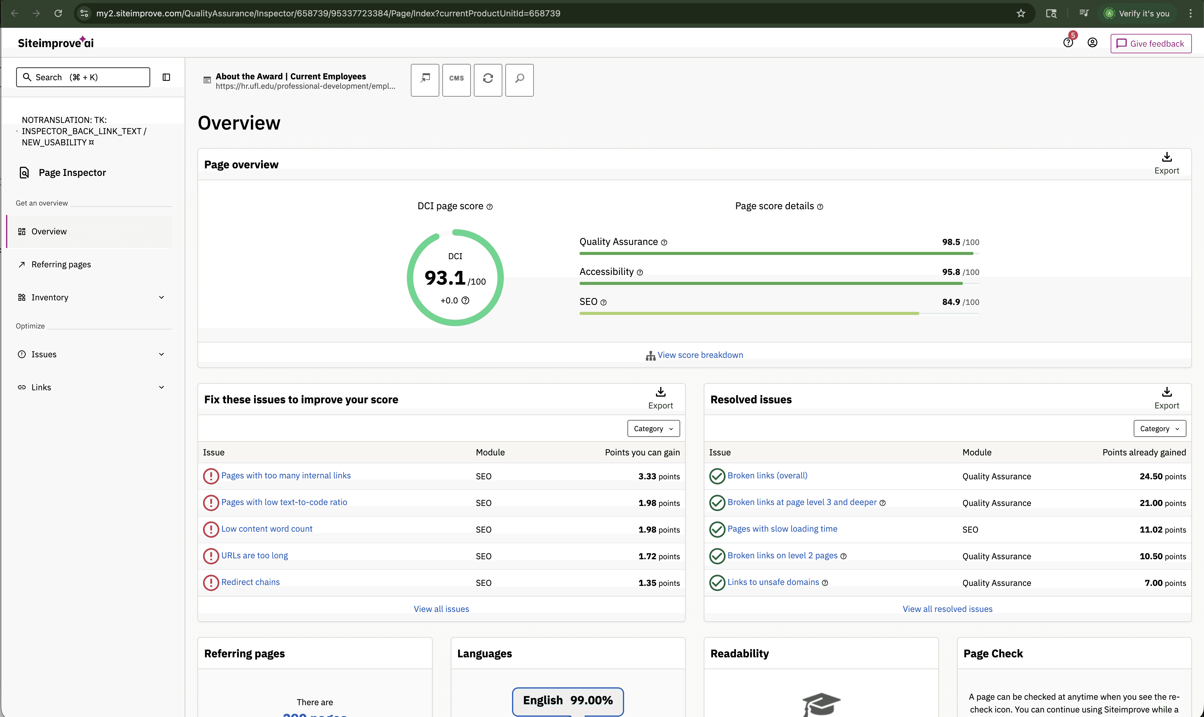 A screenshot of Siteimprove.ai of the overview score of the website. The score shows 93.1/100